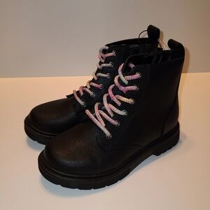 Black Leather Combat Boots with Multicolor Pastel Laces Size 1